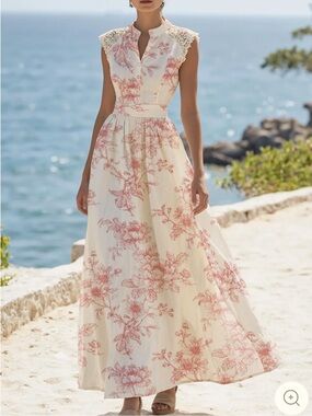 Linen Vibes Sleeveless Cream Maxi Dress with Pink Floral Print Size S